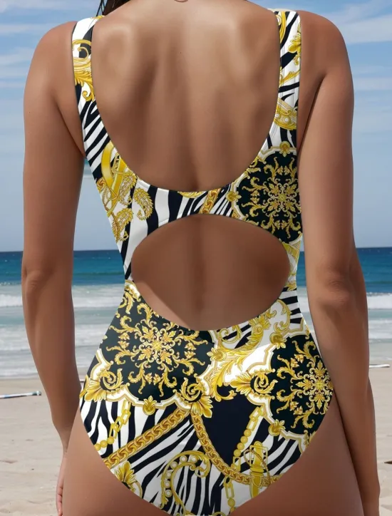 Clearance Women's Swimsuits One Piece Monokini Swimsuit Backless Tummy Control High Waist Slim Vacation Beach Wear Geometic U Neck Sleeveless Bathing Suits Women One-Pieces