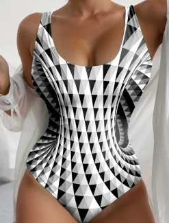 Best Women's Swimsuits One Piece Monokini Swimsuit Backless Tummy Control High Waist Slim Vacation Beach Wear Geometric U Neck Sleeveless Bathing Suits Women One-Pieces
