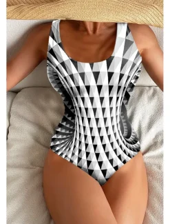 Best Women's Swimsuits One Piece Monokini Swimsuit Backless Tummy Control High Waist Slim Vacation Beach Wear Geometric U Neck Sleeveless Bathing Suits Women One-Pieces