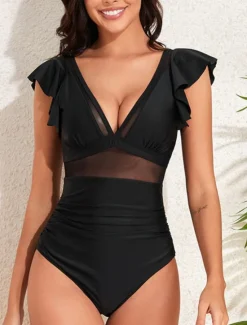 Women's Swimsuits One Piece Monokini Swimsuit Ruffle Backless Tummy Control High Waist Slim Vacation Beach Wear Solid Color V Neck Sleeveless Bathing Suits Women One-Pieces
