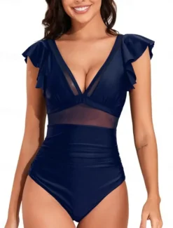Women's Swimsuits One Piece Monokini Swimsuit Ruffle Backless Tummy Control High Waist Slim Vacation Beach Wear Solid Color V Neck Sleeveless Bathing Suits Women One-Pieces