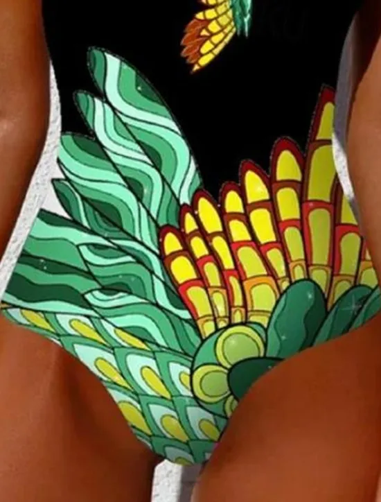 Discount Women's Swimsuits One Piece Monokini Swimsuit Backless Tummy Control High Waist Slim Vacation Beach Wear Geometric Round Neck Sleeveless Bathing Suits Women One-Pieces|Spring Swimwear