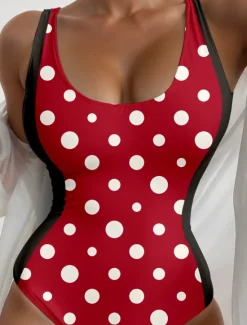 Clearance Women's Swimsuits One Piece Monokini Swimsuit Backless Tummy Control High Waist Slim Vacation Vintage Polka Dot Dot U Neck Sleeveless Bathing Suits Women One-Pieces
