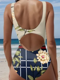 Online Women's Swimsuits One Piece Monokini Swimsuit Backless Tummy Control High Waist Slim Vacation Beach Wear Floral Geometric U Neck Sleeveless Bathing Suits Women One-Pieces