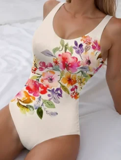 Best Women's Swimsuits One Piece Monokini Swimsuit Backless Tummy Control High Waist Slim Vacation Beach Wear Floral Graphic U Neck Sleeveless Bathing Suits Women One-Pieces