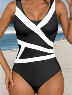 New Women's Swimsuits One Piece Monokini Swimsuit Backless Tummy Control High Waist Slim Vacation Beach Wear Geometric U Neck Sleeveless Bathing Suits Women One-Pieces