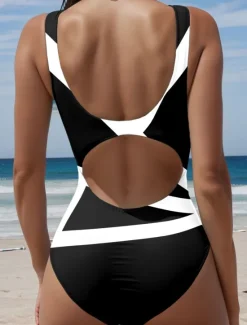 New Women's Swimsuits One Piece Monokini Swimsuit Backless Tummy Control High Waist Slim Vacation Beach Wear Geometric U Neck Sleeveless Bathing Suits Women One-Pieces