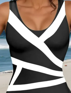 New Women's Swimsuits One Piece Monokini Swimsuit Backless Tummy Control High Waist Slim Vacation Beach Wear Geometric U Neck Sleeveless Bathing Suits Women One-Pieces