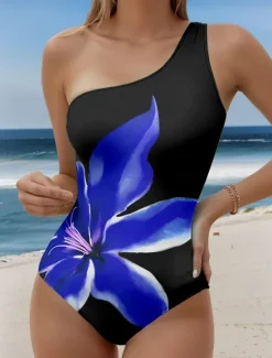 New Women's Swimsuits One Piece Monokini Swimsuit Backless Tummy Control High Waist Slim Vacation Beach Wear Floral Asymmetric Neck Sleeveless Bathing Suits Women One-Pieces