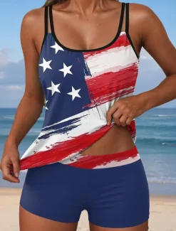 Hot Women's Swimsuits Patriotic Tankini 2 Piece Boy Leg Swimsuit Backless Vacation Beach Wear Flag U Neck Sleeveless Bathing Suits Women Independence Day Swimwear