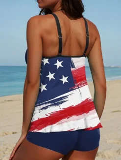 Hot Women's Swimsuits Patriotic Tankini 2 Piece Boy Leg Swimsuit Backless Vacation Beach Wear Flag U Neck Sleeveless Bathing Suits Women Independence Day Swimwear