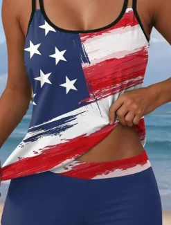 Hot Women's Swimsuits Patriotic Tankini 2 Piece Boy Leg Swimsuit Backless Vacation Beach Wear Flag U Neck Sleeveless Bathing Suits Women Independence Day Swimwear