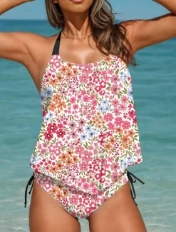 Women's Swimsuits Tankini 2 Piece Cheeky Swimsuit Backless Vacation Beach Wear Floral Halter Neck Sleeveless Bathing Suits Women Tankinis|Spring Swimwear