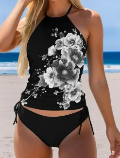 Women's Swimsuits Tankini 2 Piece Cheeky Swimsuit Backless Vacation Beach Wear Floral Halter Neck Sleeveless Bathing Suits Women Tankinis