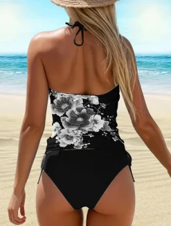 Women's Swimsuits Tankini 2 Piece Cheeky Swimsuit Backless Vacation Beach Wear Floral Halter Neck Sleeveless Bathing Suits Women Tankinis
