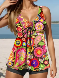 Discount Women's Swimsuits Tankini 2 Piece Boy Leg Swimsuit Backless Tummy Control High Waist Slim Vacation Beach Wear Floral U Neck Sleeveless Bathing Suits Women Tankinis