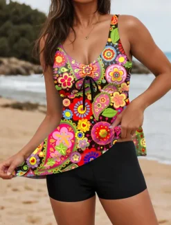 Discount Women's Swimsuits Tankini 2 Piece Boy Leg Swimsuit Backless Tummy Control High Waist Slim Vacation Beach Wear Floral U Neck Sleeveless Bathing Suits Women Tankinis