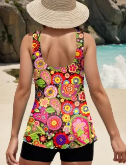 Discount Women's Swimsuits Tankini 2 Piece Boy Leg Swimsuit Backless Tummy Control High Waist Slim Vacation Beach Wear Floral U Neck Sleeveless Bathing Suits Women Tankinis