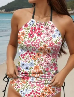New Women's Swimsuits Tankini 2 Piece Cheeky Swimsuit Backless Vacation Beach Wear Floral Halter Neck Sleeveless Bathing Suits Women Tankinis|Spring Swimwear
