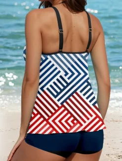 Clearance Women's Swimsuits Tankini 2 Piece Boy Leg Swimsuit Backless Vacation Beach Wear Ombre Geometric U Neck Sleeveless Bathing Suits Women Tankinis
