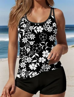 Best Women's Swimsuits Tankini 2 Piece Boy Leg Swimsuit Backless Vacation Beach Wear Floral U Neck Sleeveless Bathing Suits Women Tankinis