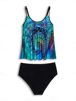Women's Swimsuits Tankini 2 Piece Shorts Swimsuit 2 Piece Printing Vacation Beach Wear Graphic Sleeveless Bathing Suits Women Tankinis