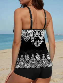 Online Women's Swimsuits Tankini 2 Piece Boy Leg Swimsuit Backless Vacation Beach Wear Geometric U Neck Sleeveless Bathing Suits Women Tankinis