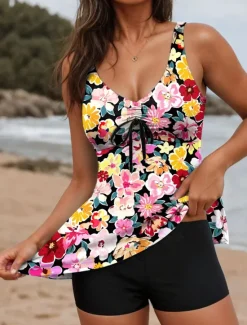 Best Women's Swimsuits Tankini 2 Piece Boy Leg Swimsuit Backless Tummy Control High Waist Slim Vacation Beach Wear Floral U Neck Sleeveless Bathing Suits Women Tankinis