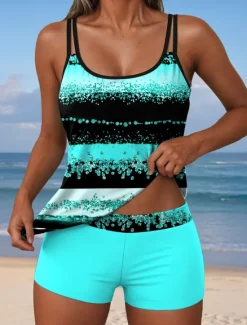 Clearance Women's Swimsuits Tankini 2 Piece Shorts Swimsuit Backless Vacation Beach Wear Graphic Geometric U Neck Sleeveless Bathing Suits Women Tankinis