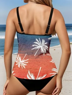 Online Women's Swimsuits Tankini 2 Piece Cheeky Swimsuit Backless Tummy Control High Waist Slim Vacation Beach Wear Graphic Leaves U Neck Sleeveless Bathing Suits Women Tankinis