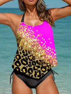 Sale Women's Swimsuits Tankini 2 Piece Cheeky Swimsuit Backless Vacation Beach Wear Ombre Graphic U Neck Sleeveless Bathing Suits Women Leopard Swimwear|Tankinis