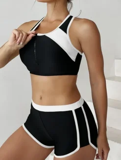 Online Women's Swimsuits Tankini 2 Piece Shorts Swimsuit Backless Tummy Control High Waist Slim Vacation Beach Wear Color Block U Neck Sleeveless Bathing Suits Women Bikinis