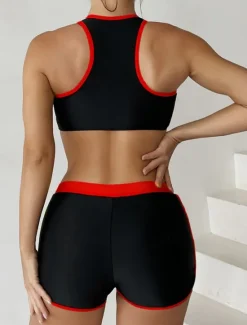 Online Women's Swimsuits Tankini 2 Piece Shorts Swimsuit Backless Tummy Control High Waist Slim Vacation Beach Wear Color Block U Neck Sleeveless Bathing Suits Women Bikinis