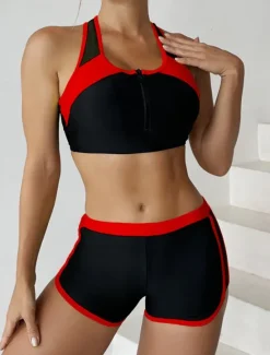 Online Women's Swimsuits Tankini 2 Piece Shorts Swimsuit Backless Tummy Control High Waist Slim Vacation Beach Wear Color Block U Neck Sleeveless Bathing Suits Women Bikinis