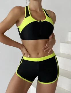 Online Women's Swimsuits Tankini 2 Piece Shorts Swimsuit Backless Tummy Control High Waist Slim Vacation Beach Wear Color Block U Neck Sleeveless Bathing Suits Women Bikinis