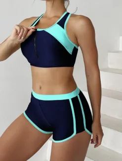 Online Women's Swimsuits Tankini 2 Piece Shorts Swimsuit Backless Tummy Control High Waist Slim Vacation Beach Wear Color Block U Neck Sleeveless Bathing Suits Women Bikinis