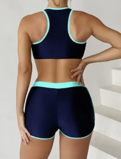 Online Women's Swimsuits Tankini 2 Piece Shorts Swimsuit Backless Tummy Control High Waist Slim Vacation Beach Wear Color Block U Neck Sleeveless Bathing Suits Women Bikinis