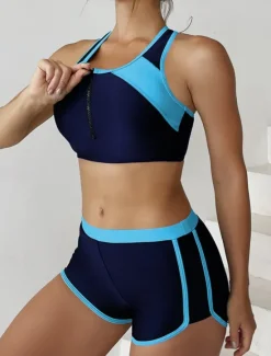 Online Women's Swimsuits Tankini 2 Piece Shorts Swimsuit Backless Tummy Control High Waist Slim Vacation Beach Wear Color Block U Neck Sleeveless Bathing Suits Women Bikinis