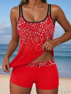 Clearance Women's Swimsuits Tankini 2 Piece Shorts Swimsuit Backless Vacation Beach Wear Ombre Graphic U Neck Sleeveless Bathing Suits Women Tankinis