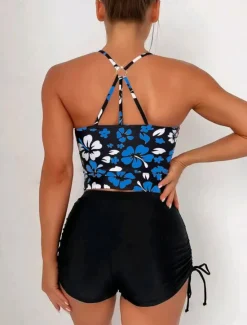 Best Women's Swimwear 2 Piece Boy Leg Swimsuit Backless Drawstring Tummy Control High Waist Slim Vacation Beach Wear Graphic Halter Neck Sleeveless Bathing Suits Women Tankinis