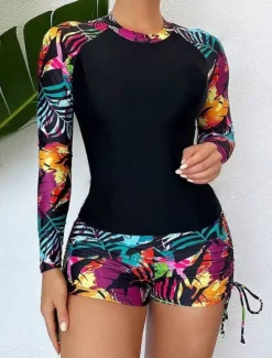Women's Swimwear 2 Piece Boy Leg Swimsuit Drawstring Slim Vacation Beach Wear Graphic Round Neck Long Sleeve Bathing Suits Women Tankinis