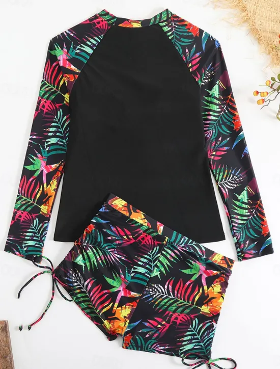 Women's Swimwear 2 Piece Boy Leg Swimsuit Drawstring Slim Vacation Beach Wear Graphic Round Neck Long Sleeve Bathing Suits Women Tankinis