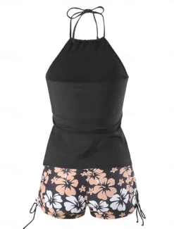 Outlet Women's Swimwear 2 Piece Boy Leg Swimsuit Backless Slim Vacation Beach Wear Floral Halter Neck Sleeveless Bathing Suits Women Tankinis