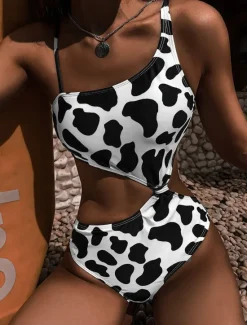 Discount Women's Swimwear 2 Piece Cheeky Swimsuit Backless Patchwork Vintage Fashion Color Block Asymmetric Neck Sleeveless Bathing Suits Women Bikinis|Leopard Swimwear