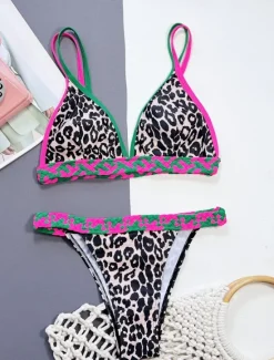 Clearance Women's Swimwear Bikini 2 Piece Cheeky Swimsuit Backless Slim Vacation Beach Wear V Neck Sleeveless Bathing Suits Women Leopard Swimwear|Bikinis
