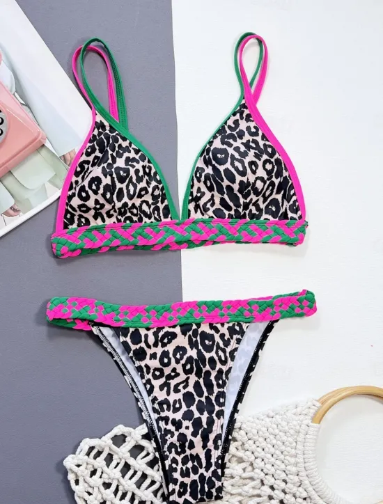 Clearance Women's Swimwear Bikini 2 Piece Cheeky Swimsuit Backless Slim Vacation Beach Wear V Neck Sleeveless Bathing Suits Women Leopard Swimwear|Bikinis