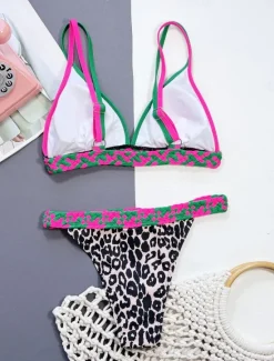 Clearance Women's Swimwear Bikini 2 Piece Cheeky Swimsuit Backless Slim Vacation Beach Wear V Neck Sleeveless Bathing Suits Women Leopard Swimwear|Bikinis