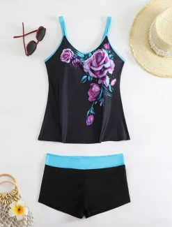 Clearance Women's Swimwear Bikini 2 Piece Boy Leg Swimsuit Backless Slim Vacation Beach Wear Floral U Neck Sleeveless Bathing Suits Women Tankinis|Bikinis
