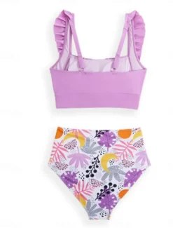 Sale Women's Swimwear Bikini 2 Piece Briefs Swimsuit Ruffle Backless Slim High Waisted Vacation Beach Wear Floral Round Neck Sleeveless Bathing Suits Women Bikinis