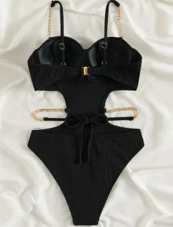 Discount Women's Swimwear Bikini 2 Piece Cheeky Swimsuit Backless Slim Vacation Beach Wear Solid Color V Neck Sleeveless Bathing Suits Women One-Pieces|Bikinis